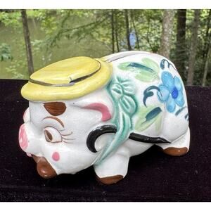 Lovely Vintage 1950’s piggy bank Pig Smoking A Pipe Colorful Made Japan -TO1